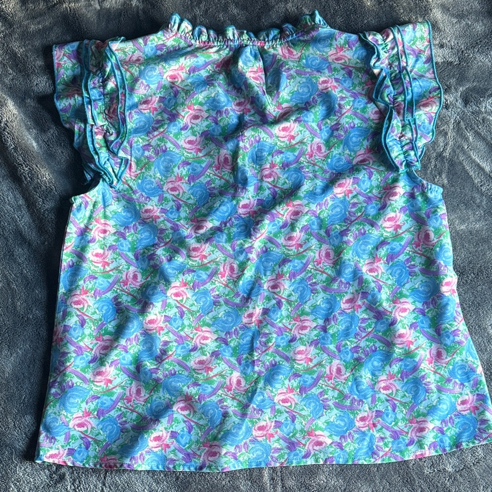 Kori Floral Ruffle Sleeve Blouse - Blue and Pink - Picture 3 of 3